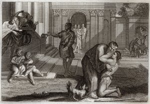 Biblia Royaumont, Nowy Testament: Przypowieść o dziecku marnotrawnym. Syn wraca do domu po tym, jak wyjechał i stracił cały swój dobytek. Przychodzi prosić ojca o przebaczenie. Ilustracja z 1811 roku. autorstwa Unknown artist
