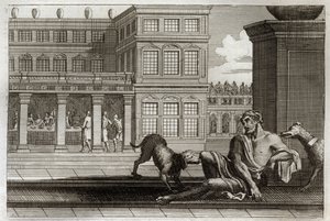 Biblia Royaumont, Nowy Testament: Przypowieść o złych bogaczach przedstawia przy stole z tyłu i Łazarza żebraka, którego psy bogatych liżą rany. Ilustracja z 1811 roku. autorstwa Unknown artist