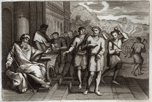 Biblia Royaumont, Nowy Testament: Przypowieść o pracownikach winorośli lub przypowieść o pracownikach jedenastej godziny. Pracownicy, których Ojciec rodziny wysyła do pracy w swojej winnicy. Ilustracja z 1811 roku. autorstwa Unknown artist