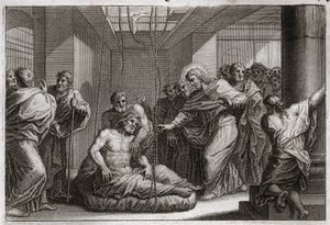 Biblia Royaumonta, Nowy Testament: paraliż. Jezus Chrystus wezwał św. Mateusza i uzdrowił paralityka w Kafarneum. Ilustracja z 1811 roku. autorstwa Unknown artist