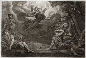 Biblia Royaumont, Nowy Testament: Pastorzy w Crech. Anioł zwiastuje pasterzom narodziny Jezusa Chrystusa (Zwiastowanie pasterzom). Ilustracja z 1811 roku. autorstwa Unknown artist