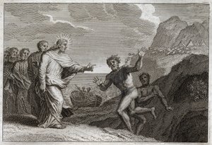 Biblia Royaumont, Nowy Testament: Possede gueri. Jezus Chrystus uzdrowił opętanego, którego demon rozwścieczył. Ilustracja z 1811 roku. autorstwa Unknown artist