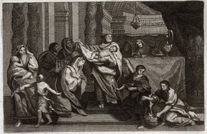 Biblia Royaumont, Nowy Testament: Oczyszczenie Dziewicy lub prezentacja w Świątyni. Święta Rodzina ofiarowuje Jezusa Chrystusa Świątyni i przekazuje go Symeonowi (lub Symeonowi lub Szymonowi). Kobieta trzyma dwa gołębie w koszu. Ilustracja z 1811 roku. autorstwa Unknown artist