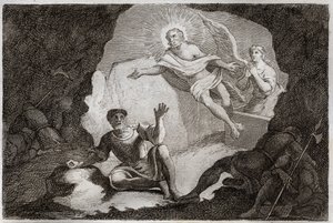 Biblia Royaumonta, Nowy Testament: Zmartwychwstanie. Jezus Chrystus wstaje ze swego grobu pod podziwem rzymskich żołnierzy, którzy zasnęli. Ilustracja z 1811 r. (rycina) autorstwa Unknown artist