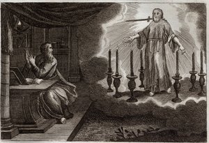 Biblia Royaumont, Nowy Testament: Objawienia św. Jana w Apokalipsie. Jezus Chrystus pojawia się w Świętym Janie między siedmioma złotymi świecznikami, z siedmioma gwiazdami w prawej ręce i mieczem wychodzącym z ust. Ilustracja z 1811 roku. autorstwa Unknown artist