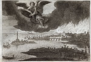 Biblia Royaumont, Nowy Testament: Ruiny Babilonu. W ogniu Babilonu anioł rzuca w morze kamień, symbolizujący zniszczenie tego miasta podczas Objawienia. Ilustracja z 1811 roku. autorstwa Unknown artist