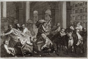 Biblia Royaumont, Nowy Testament: Sprzedawcy polują ze świątyni. Jezus Chrystus wypędza ze Świątyni tych, którzy go zbezcześcili przez ruch, jaki tam robili. Ilustracja z 1811 roku. autorstwa Unknown artist