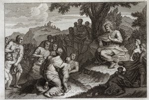 Biblia Royaumont, Nowy Testament: Kazanie na górze. Jezus Chrystus wybiera spośród swoich uczniów dwunastu Apoterów i wygłasza przed nimi i wielkim ludem Kazanie, które zwykle nazywa się Kazaniem na Górze. Ilustracja z 1811 roku. autorstwa Unknown artist