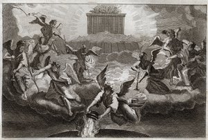 Biblia Royaumont, Nowy Testament: Siedmiu Aniołów grających w trąby Objawienia po otwarciu przez Baranka siódmej pieczęci księgi. Inny Anioł bierze kadzielnicę, napełnia ją ogniem Ołtarza i rzuca na ziemię. Ilustracja z autorstwa Unknown artist