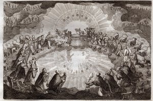 Biblia Royaumont, Nowy Testament: Siedem pieczęci księgi otwartej przez Baranka. Dwudziestu czterech starszych upada przed tronem w otoczeniu lwa, wołu, człowieka i orła (tetramorfa) oraz siedmiu lamp. Ilustracja z 1811 roku. autorstwa Unknown artist