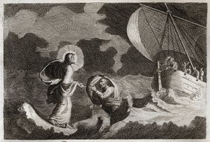 Biblia Royaumont, Nowy Testament: Św. Piotr chodzi po wodzie. Jezus Chrystus kroczy po morzu i sprawia, że chodzi tam św. Piotr. Ilustracja z 1811 roku. autorstwa Unknown artist