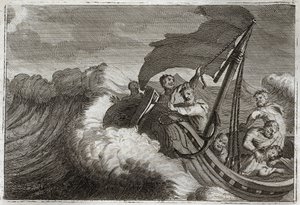 Biblia Royaumont, Nowy Testament: Tempete ugłaskane. Apoterzy dziwią się burzy obudzonej przez Jezusa Chrystusa, który spał na ich statku, a także uspokaja Morze Galilejskie. Ilustracja z 1811 roku. autorstwa Unknown artist