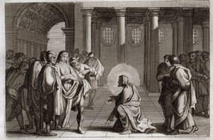 Biblia Royaumont, Nowy Testament: Cudzołożnica. Jezus Chrystus bosko łudzi się z pułapek, które zastawili na niego Żydzi, pytając go, co należy zrobić z kobietą przyłapaną na cudzołóstwie, mówiąc: „Niech ten z was, który jest bez grzechu, rzuci autorstwa Unknown artist