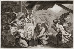 Biblia Royaumont, Nowy Testament: Narodzenia. Jezus Chrystus narodził się z Najświętszej Maryi Panny w stajni w Betlejem. Ilustracja z 1811 roku. autorstwa Unknown artist