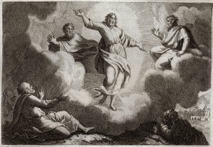 Biblia Royaumont, Nowy Testament: Przemienienie Jezusa Chrystusa. Chrystus otacza Mojżesza i Eliasza, a poniżej apostoła św. Jana, Piotra i Jakuba. Ilustracja z 1811 roku. autorstwa Unknown artist