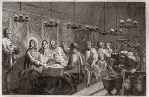 Biblia Royaumont, Nowy Testament: Wesele w Kanie. Pierwszy cud Jezusa Chrystusa, który zamienił wodę w wino. Ilustracja z 1811 roku. autorstwa Unknown artist