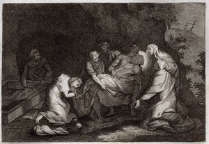 Biblia Royaumonta, Nowy Testament: Grób. Grób Jezusa Chrystusa. Wśród postaci otaczających ciało Jezusa Chrystusa: Dziewica Maryja, św. Nikodema, św. Józef z Arymatei, św. Jan Ewangelista i św. Maria Magdalena. Ilustracja z 18 autorstwa Unknown artist