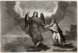 Biblia Royaumont, Nowy Testament: Wizja św. Jana. Wizja Anioła z Otwartą Księgą daje św. Janowi pożeranie go. Ilustracja z 1811 roku. autorstwa Unknown artist