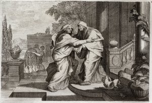 Biblia Royaumont, Nowy Testament: Nawiedzenie. Najświętsza Maryja Panna odwiedzi swoją kuzynkę Elżbietę. Ilustracja z 1811 roku. autorstwa Unknown artist