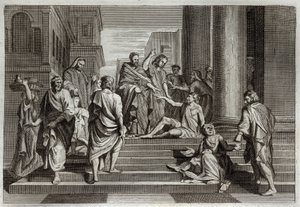 Biblia Royaumont, Nowy Testament: Wojna chromych. Św. Piotr w towarzystwie św. Jana cudem walczył z chromym człowiekiem w Jerozolimie. Ilustracja z 1811 roku. autorstwa Unknown artist