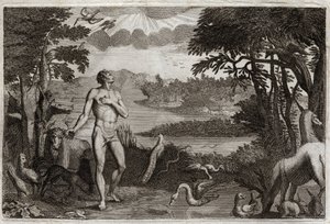 Biblia Royaumont, Stary Testament: Stworzenie mężczyzny i kobiety. Bóg, który stworzył człowieka, umieszcza go w ziemskim raju i zabrania mu spożywania owocu z drzewa poznania dobra i zła. Ilustracja z 1811 roku. autorstwa Unknown artist
