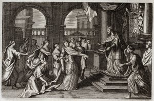 Biblia Royaumont, Stary Testament: Estera stanie przed królem Kserksesem I (Aswerusem I), z zamiarem uratowania swego ludu od grożącej mu śmierci. Ilustracja z 1811 roku. autorstwa Unknown artist