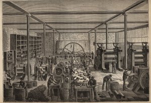 Guma: fabryka gumy. Grawer z 1885 roku w „Les arts et metiers illustres” Adolphe BITARD. autorstwa Unknown artist