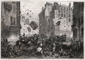Rue Saint-Antoine podczas Trois-Glorieuses (lipiec 1830) - Rewolucja 1830 r. Barykada walcząca na rue Saint-Antoine (Saint Antoine) w 1830 r. autorstwa Unknown artist