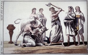 Ofiara byka. Zwyczaj w starożytności rzymskiej. Grawerowanie z początku XIX wieku. autorstwa Unknown artist
