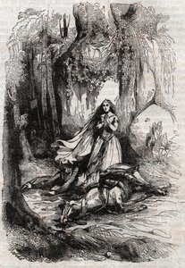 Sacripant (Sacripante) desarconne w obecności Angeliki (Angelica) - rycina z 1851 r. z „Roland furieux” (Orlando furioso) (XVI w.) Ludovico Ariosto, zwanego Ariosta – wydanie przetłumaczone z języka włoskiego przez hrabiego Tressan i p autorstwa Unknown artist