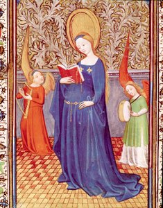Św. Cecile w otoczeniu dwóch aniołów. Miniatura zaczerpnięta z „Godzin Edwarda I (Duarte) Portugalii (1391-1438)” XV-wieczna Lizbona, Torre do Tombo autorstwa Unknown artist
