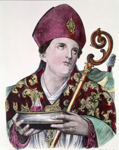 Św. Gennaro lub święty Janvier, patron miasta Neapolu, trzymający w dłoniach ampułkę z jego krwią. Popularny kolorowy druk z XIX wieku. autorstwa Unknown artist