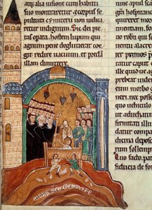Święty Hugues de Cluny (1024-1109), opat z Cluny, ratuje zmarłego w Paryżu. Miniatura zaczerpnięta z kolekcji historyczno-liturgicznej autorstwa Unknown artist