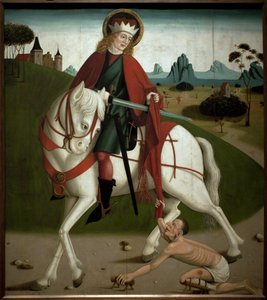Święty Marcin i żebrak. Rozciął płaszcz, by dać go żebrakowi. obraz anonimowy, ok. 1490. Magyar Nemzeti Galleria, Budapeszt, Węgry. autorstwa Unknown artist
