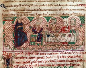Św. Maur (512-584) założyciel klasztoru Flanfeuil (św. Maur) w Anjou przyjmowany jest na stole Gaidulfa z Rawenny, prześladowcy mnichów i karze go Miniatura z życia i cudów św. Maura” (ms 2273) 1100-1140 Biblioteka Miejska autorstwa Unknown artist