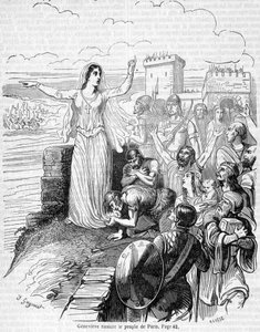Sainte Geneviève, organizuje obronę Paryża przed hordami Attyli i uspokaja ludność Paryża – w „Histoire de France” Anquetila autorstwa Unknown artist
