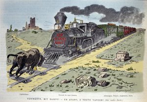 Satyryczna winieta alegoryczna: byk symbol kapitalizmu próbuje zatrzymać pociąg reformy pracy. Każdy wagon przeznaczony jest dla kraju: Niemcy, Francja, Anglia, Włochy 1897 autorstwa Unknown artist