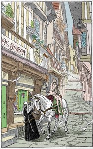 Legenda saska: Godiva (Lady Godiva lub Godgifu), saska kobieta, która na początku 1000 roku przeszła nago konno ulicami Coventry w Anglii, aby przekonać męża do obniżenia podatków, które pobierał na sfinansowanie swojego kampania wojskowa autorstwa Unknown artist