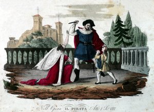 Scena 8 aktu V „Il pirata” (Pirat) Vincenzo Belliniego. Grawerunek kolorowy z 1827 roku. Pierwsze przedstawienie w teatro alla Scala. autorstwa Unknown artist
