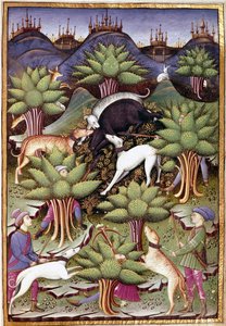 Scena polowania na dzika Miniatura z „”Leat sokolnictwo i venerie z mottem i godłem księcia Sforza” 1459 (ms. 1375) Chantilly, Musee Conde autorstwa Unknown artist