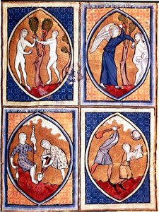 Sceny z Biblii przedstawione na mandorach. Adam i Ewa zbierają zakazany owoc, a potem polują z nieba. Tam na dole Adam uprawia ziemię, a Ewa daje wełnę, Kaina i Abla. Miniatura z XIII-wiecznego rękopisu. Porto, Biblioteka Miejska autorstwa Unknown artist