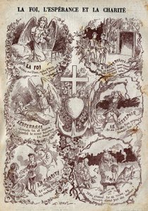 Sceny ilustrujące Wiarę, Nadzieję, Miłosierdzie i ich przeciwieństwo, Niewiary, Desperację i Egoizm. Ilustracja w „Le Pelerin” z 27 marca autorstwa Unknown artist