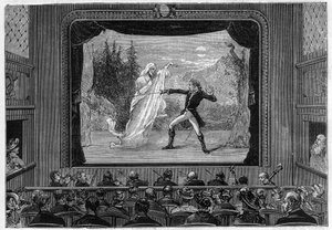 Pokazy naukowe: żywe widma. Przeżyj widma na scenie teatralnej. Komik walczy z duchem. Grawer w „”La Nature”” autorstwa Unknown artist