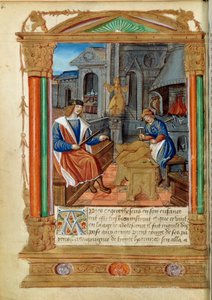 Rzeźba: mistrz kontroluje pracę swojego ucznia, rzeźbi orła. Miniatura z „”Roman de Theseus de Cologne et de Godifer”” XVI-wieczny Paryż, B.N. autorstwa Unknown artist