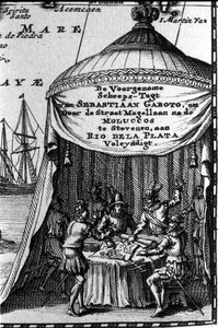 Sebastiano Caboto (Sebastien Cabot) reprezentuje na kartridżu mapy nawigacyjnej z innymi nawigatorami. Początek XVII wieku. autorstwa Unknown artist