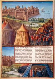 Druga krucjata: widok oblężenia Ascalonu w 1153 przez Baldwina III (1131-1162). Miniatura zaczerpnięta z „Przejścia wykonane Outremer przez Francuzów przeciwko Turkom i innym Saracenom i Moures Outremarine” autorstwa Sebastiena Mamerota autorstwa Unknown artist