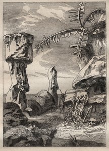 Drugi rejs (1772-1775) kapitana Jamesa Cooka (1728-1779): pomniki Wyspy Wielkanocnej (pomniki, moai) - ilustracja zaczerpnięta z „Wielkich żeglarzy XVIII wieku”” autorstwa Unknown artist