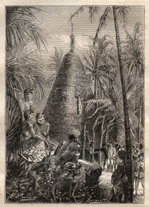 Drugi rejs (1772-1775) kapitana Jamesa Cooka (1728-1779): tradycyjny okrągły dom, na dachu znacznej wysokości (Nowa Kaledonia) - ilustracja zaczerpnięta z „Wielkich żeglarzy XVIII wieku”” autorstwa Unknown artist
