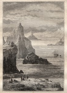 Drugi rejs (1772-1775) kapitana Jamesa Cooka (1728-1779): widok na kanał Noel, Terre de Fuego - ilustracja zaczerpnięta z „Wielkich marynarzy XVIII wieku”” autorstwa Unknown artist