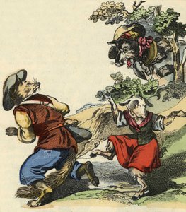 Widząc wilka, Mistrz Lis uciekł, pozostawiając małego Chevrette w niebezpieczeństwie. Ilustracja do bajki „Bon medor i mały Chevrette””. W „Opowieściach z domu dla najmłodszych””. Anonimowy rycina z XIX wieku. autorstwa Unknown artist